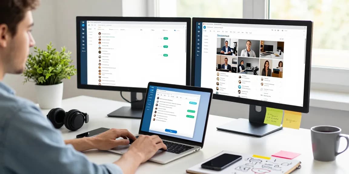 Explore the Telegram Web Version in a modern workspace with dual monitors and natural light.