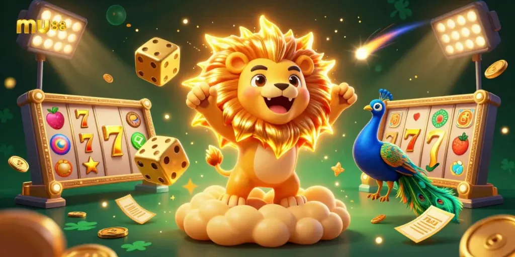 Experience the thrill of mu88 with an explosive casino scene showcasing golden jackpots and dynamic gameplay.