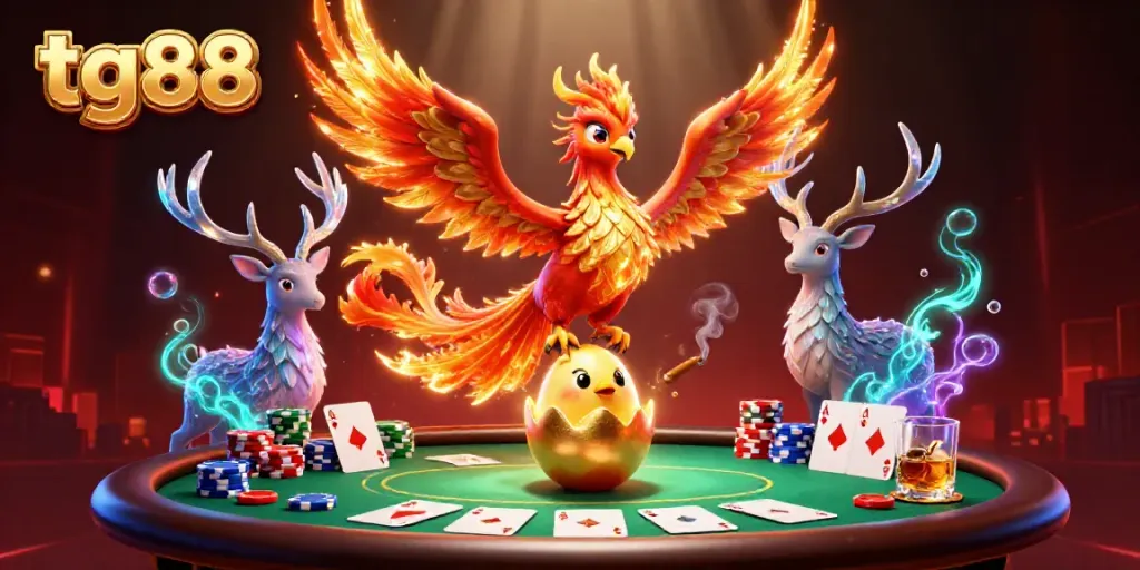 Experience winning gameplay with tg88 in this vibrant casino scene featuring a phoenix and poker elements.