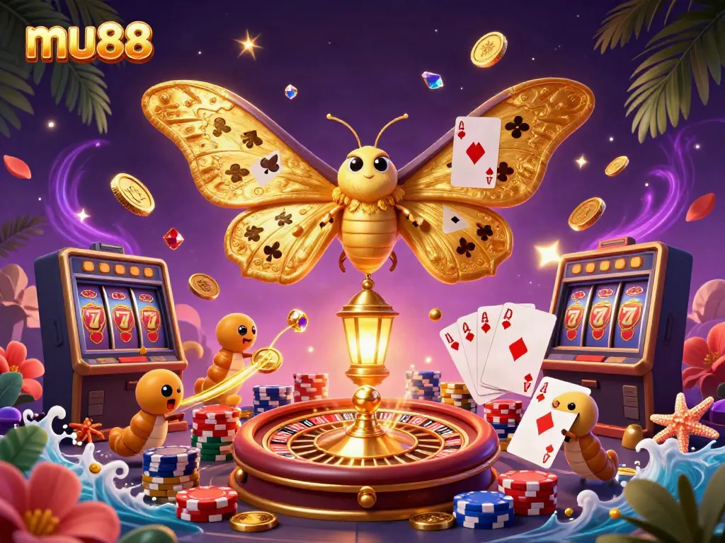 Experience the golden casino excitement at mu88 with 3D illustrations of vibrant moths and spinning reels.