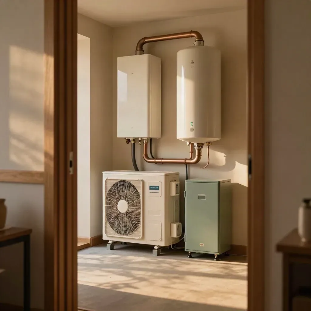 Teknikrum i villa med värmepump, varmvattenberedare, växelriktare och batteriskåp i varmt ljus.