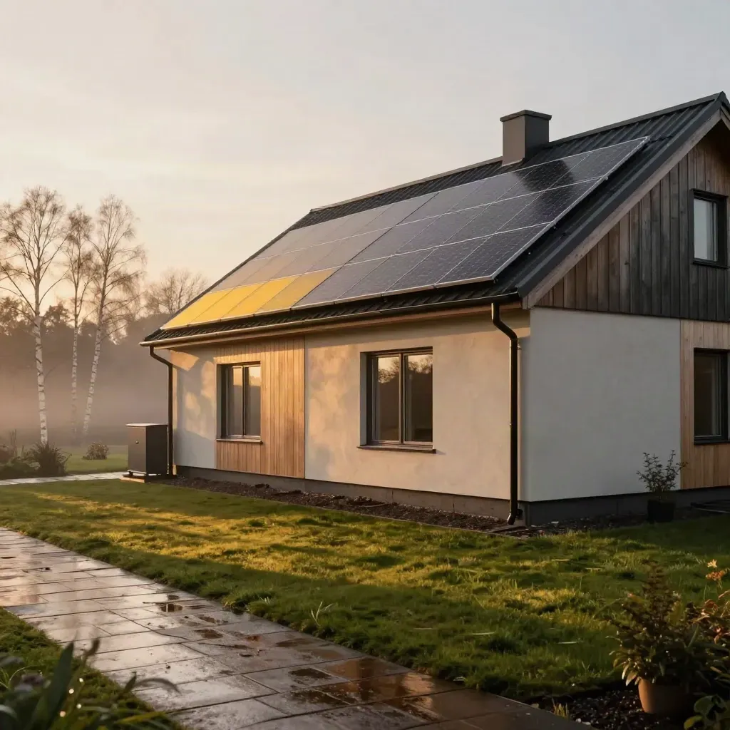 Färdig villa i Uppsala med solcellstak och batteriskåp i kvällsljus efter regn