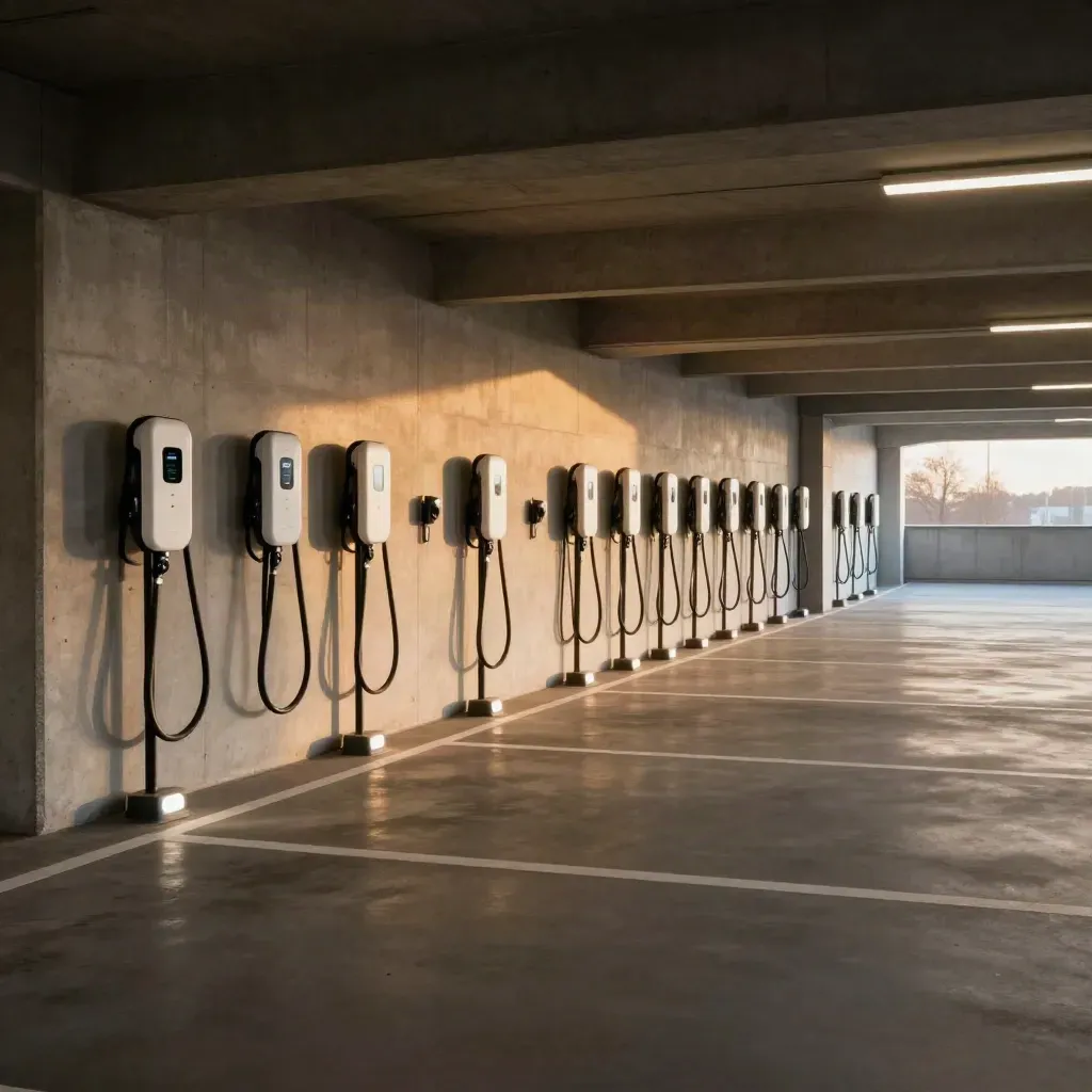 Underjordiskt garage i Västerås med 24 väggmonterade laddboxar och tydliga parkeringsrutor.