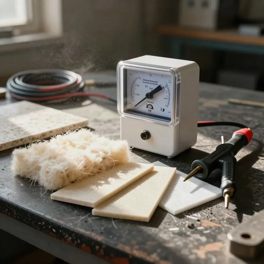 Energimätningsinstrument och isoleringsprover på mörk bänk i verkstadsljus.