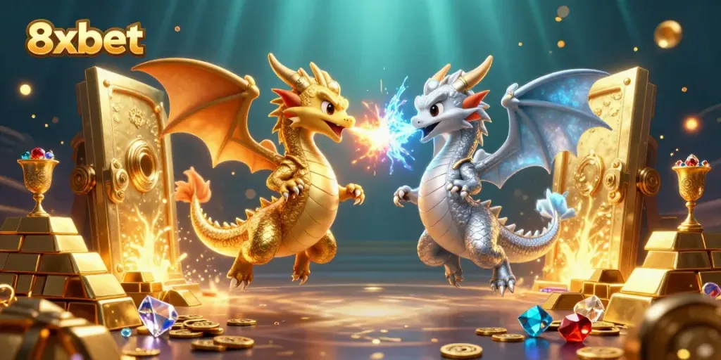 Experience thrilling gaming action with 8xbet dragons battling in a vibrant casino treasure scene.