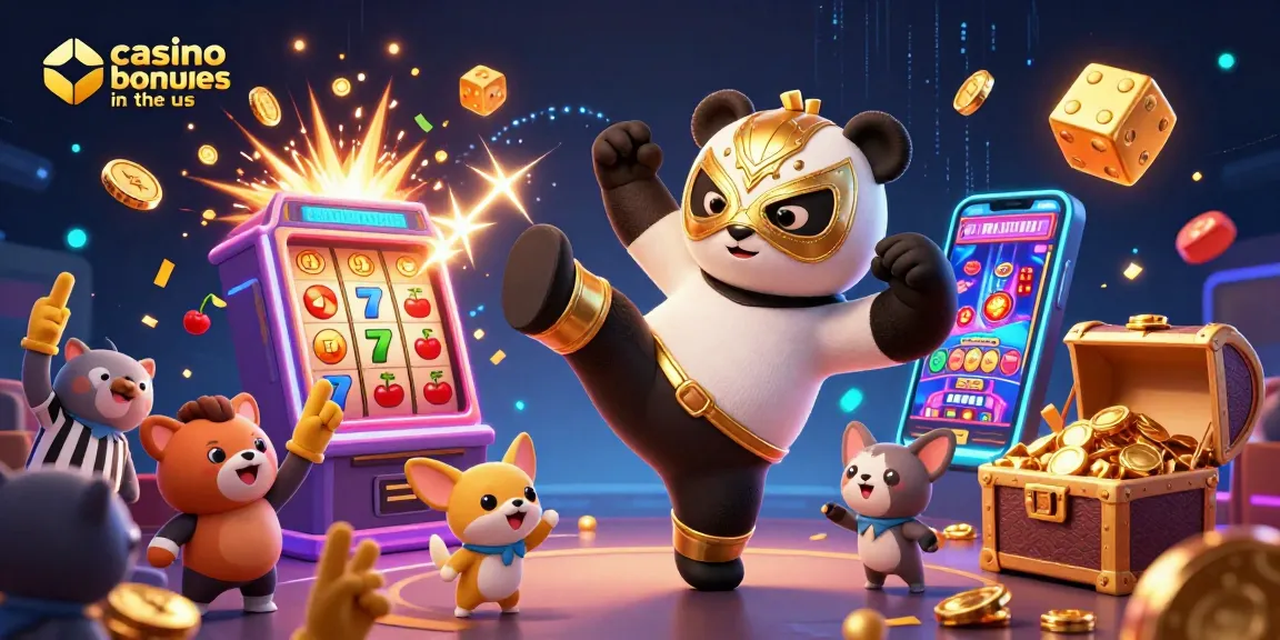 Witness the excitement of casino bonuses in the us with a panda wrestler, a counting chihuahua, and vibrant casino elements.
