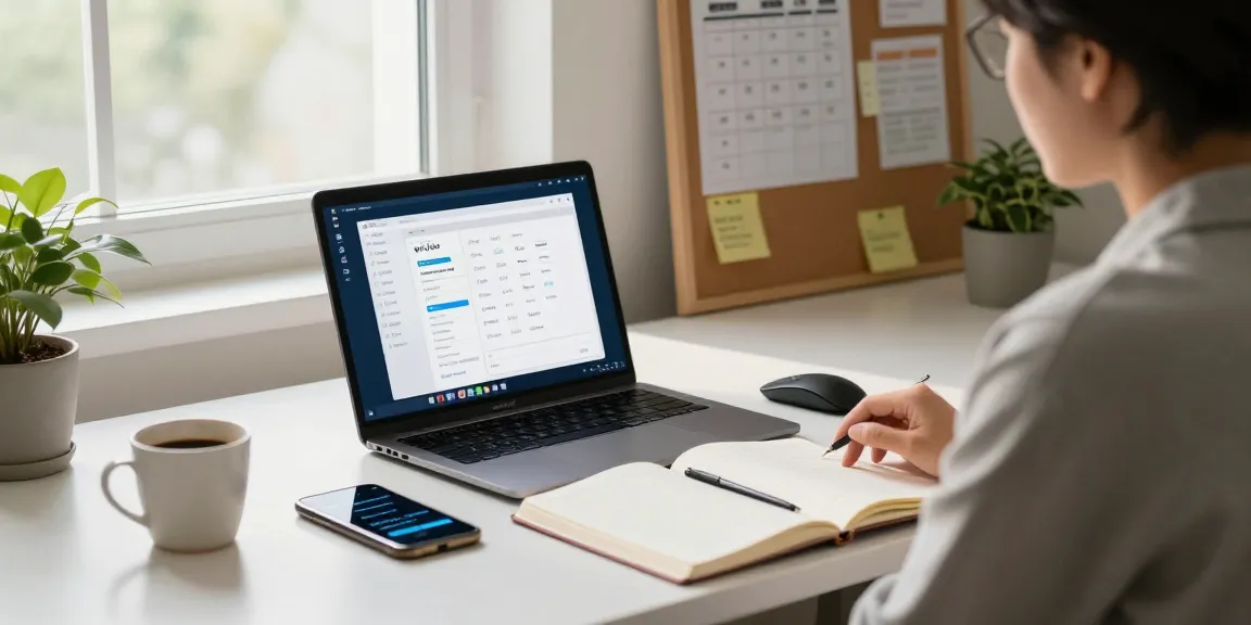 Download WPS Office on a modern workspace with a laptop, notes, and coffee in an organized home office.