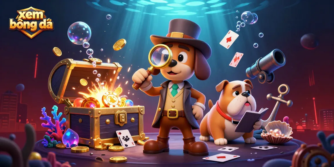 Engage in xem bóng đá with cartoon detective and bulldog analyzing poker chips in a treasure-filled scene.