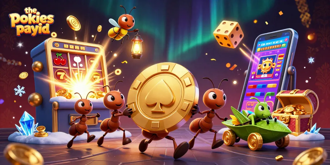 Experience the pokies payid with vibrant 3D illustration of cartoon ants heisting a giant poker chip.